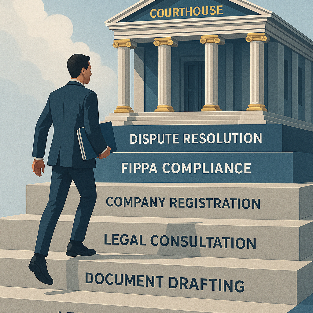 Illustration of a man walking up courthouse steps labeled with legal services