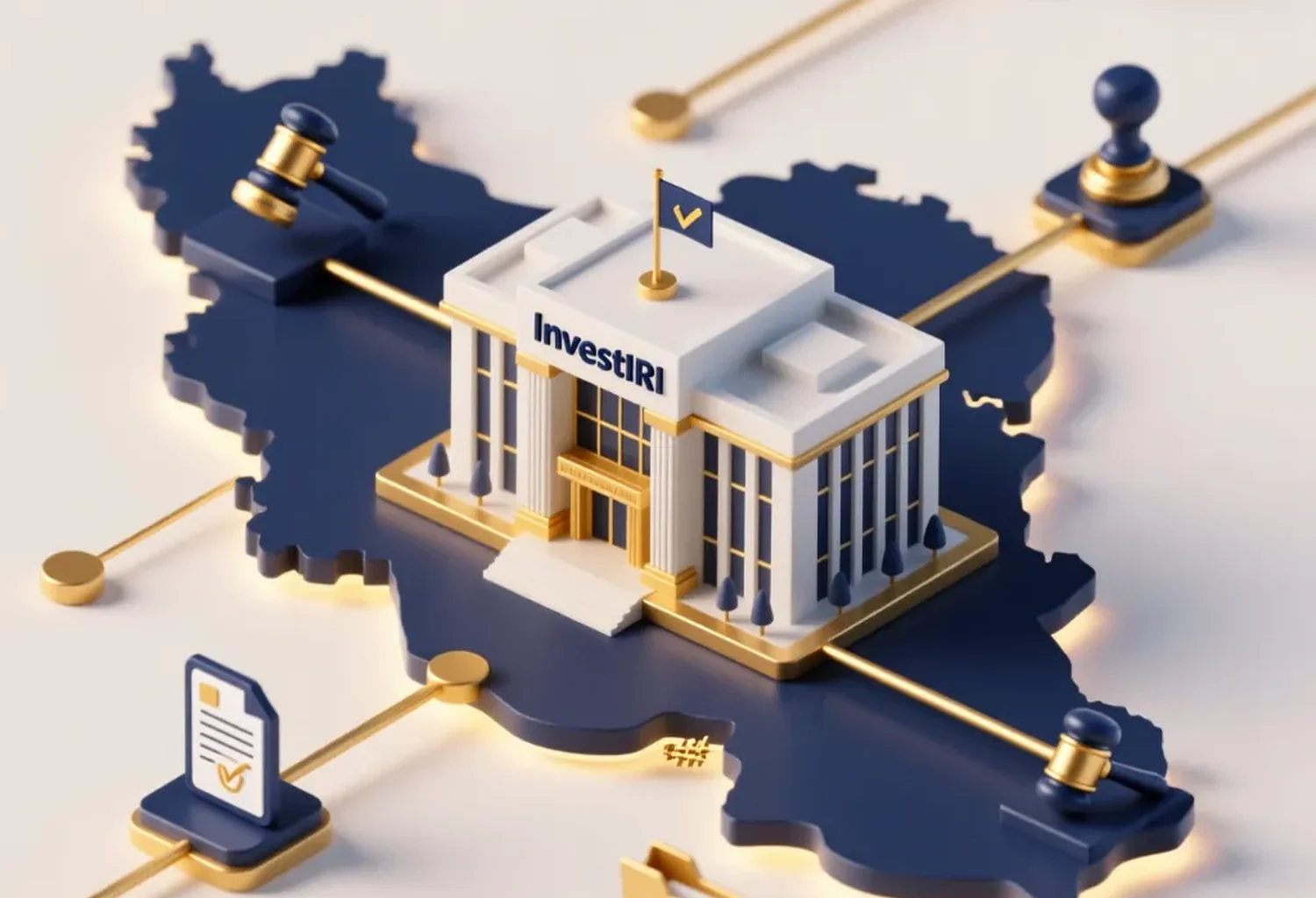 "Realistic minimal communication network with golden lines connecting to a central government building — InvestIRI Government Liaison in Iran"