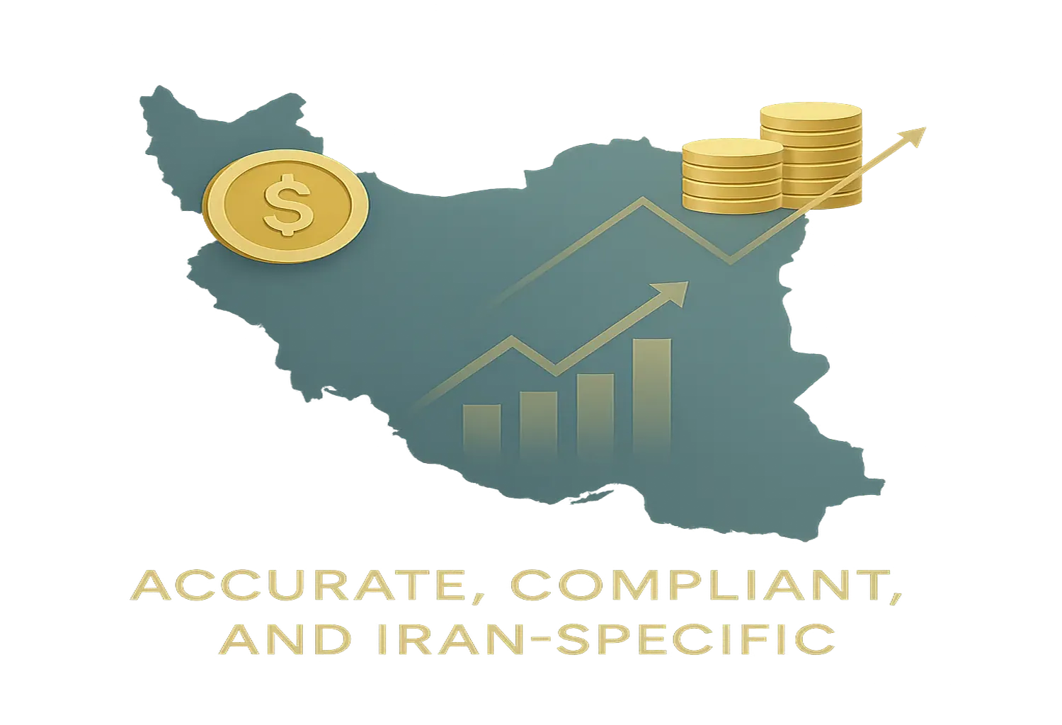 Cost estimation and budgeting in Iran with golden slogan and Iran map background