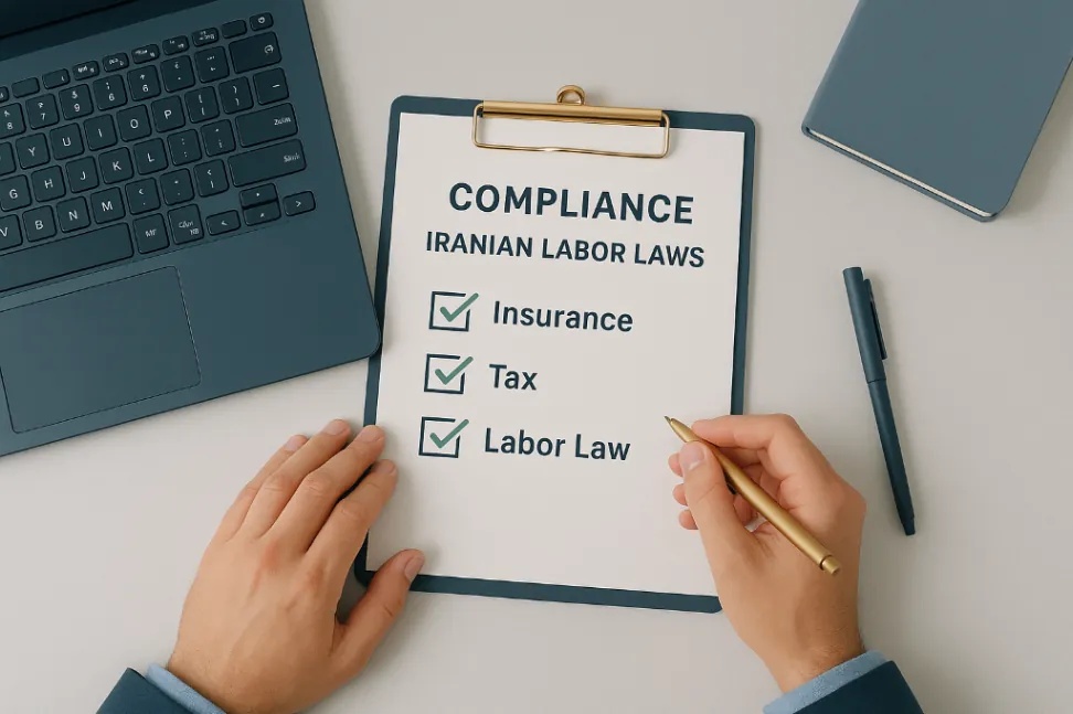 Top view of a clipboard with “COMPLIANCE IRANIAN LABOR LAWS” checklist, showing completed items like Insurance, Tax, and Labor Law, next to a laptop and pen on a modern office desk.