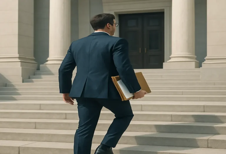 Man in a navy suit walking up courthouse steps holding legal documents