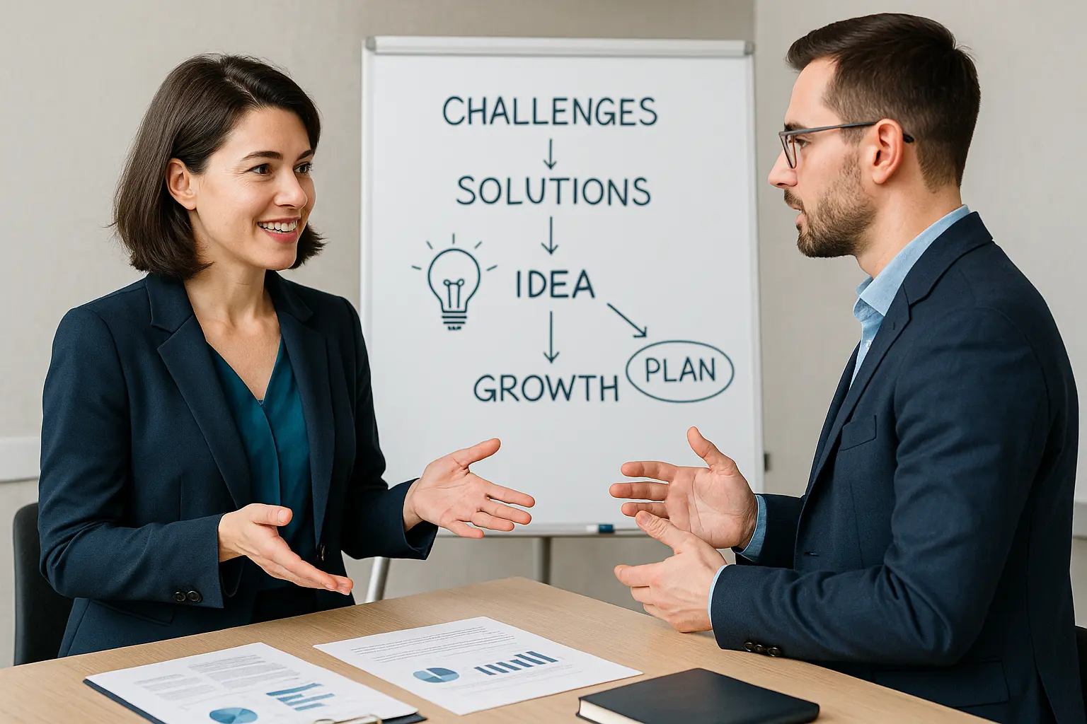 Professional business meeting in Iran, two colleagues brainstorming challenges and solutions at whiteboard, no headscarf, friendly and diverse workplace.
