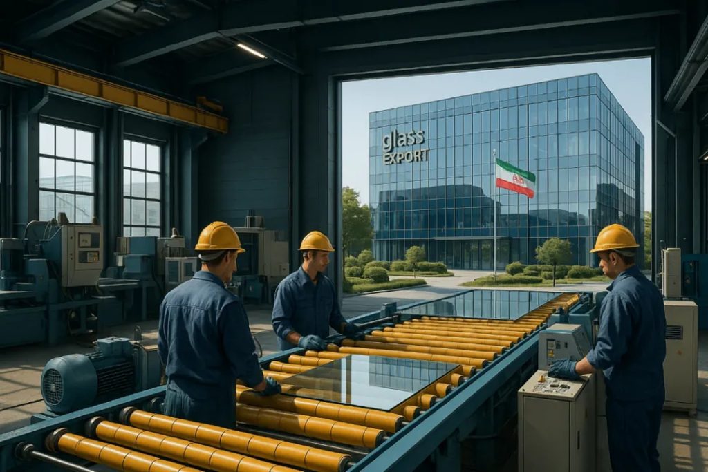 Modern Iranian export headquarters with glass manufacturing plant in the foreground.