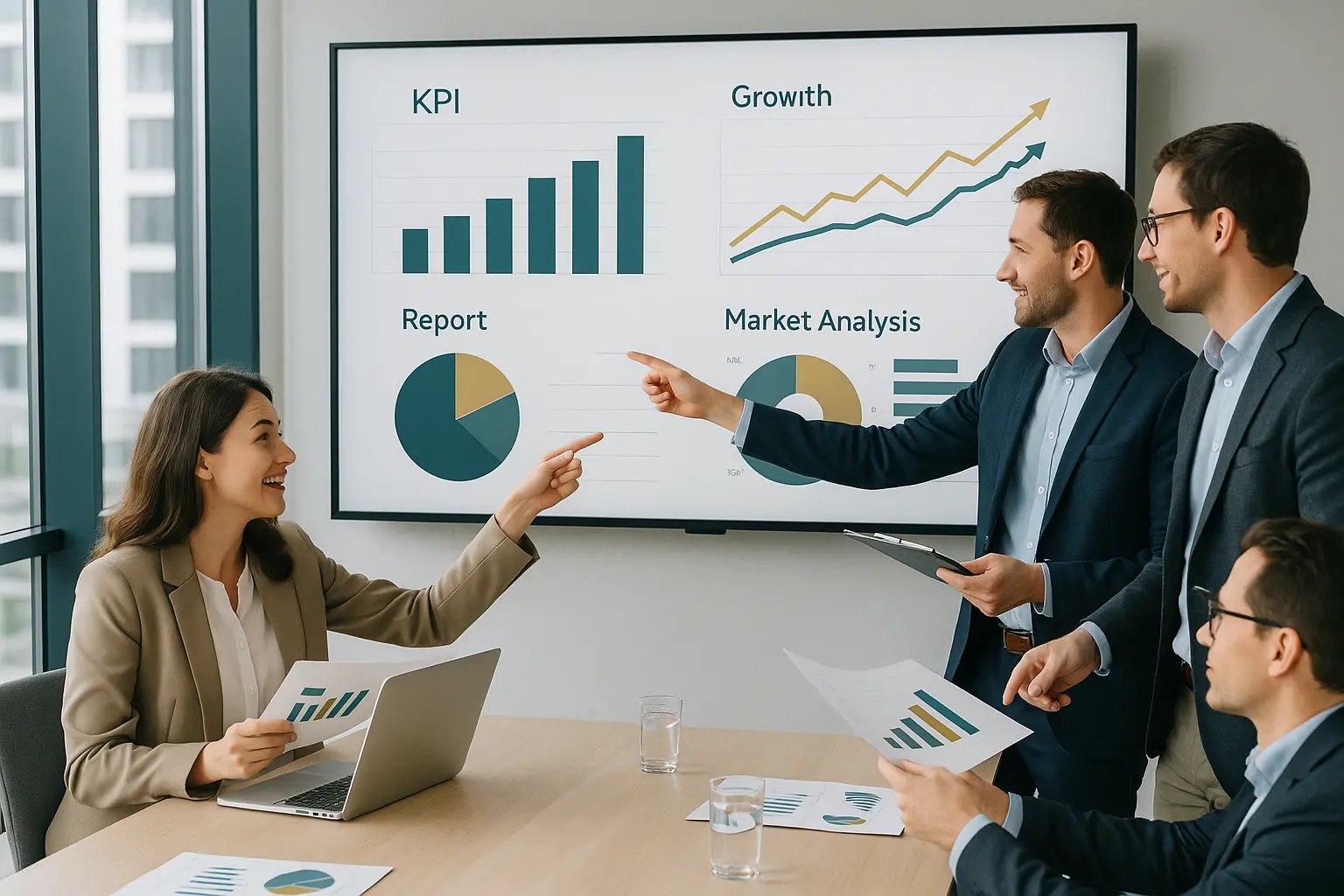 Business team reviewing periodic performance report and KPI charts for Investiri after-investment support