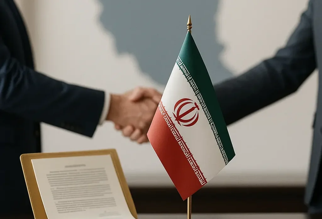 Realistic illustration of Iran government liaison services with Iranian flag, navy blue and gold color theme – InvestIRI