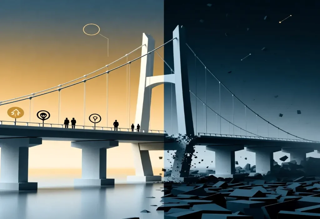 A conceptual suspension bridge split into two halves — one side stable and golden, the other crumbling into dark debris, symbolizing risk and safe entry into the Iranian market