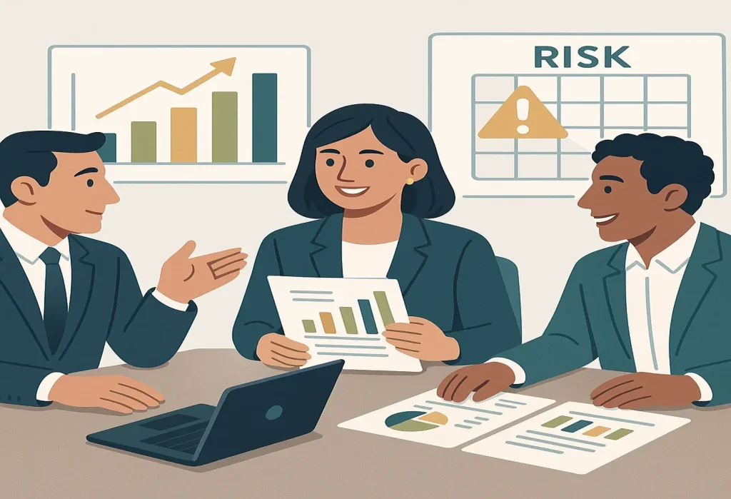 Minimalist hands on the table – team collaboration, ROI and risk assessment session