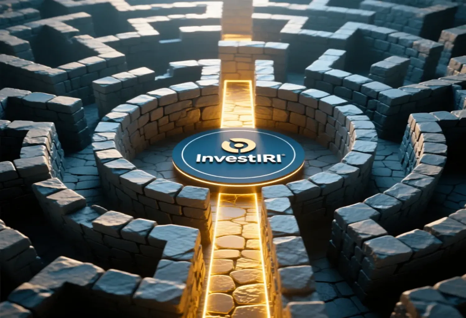 A realistic stone maze with a single golden path leading to the InvestIRI logo at the center, symbolizing guidance to safe partnerships in Iran.
