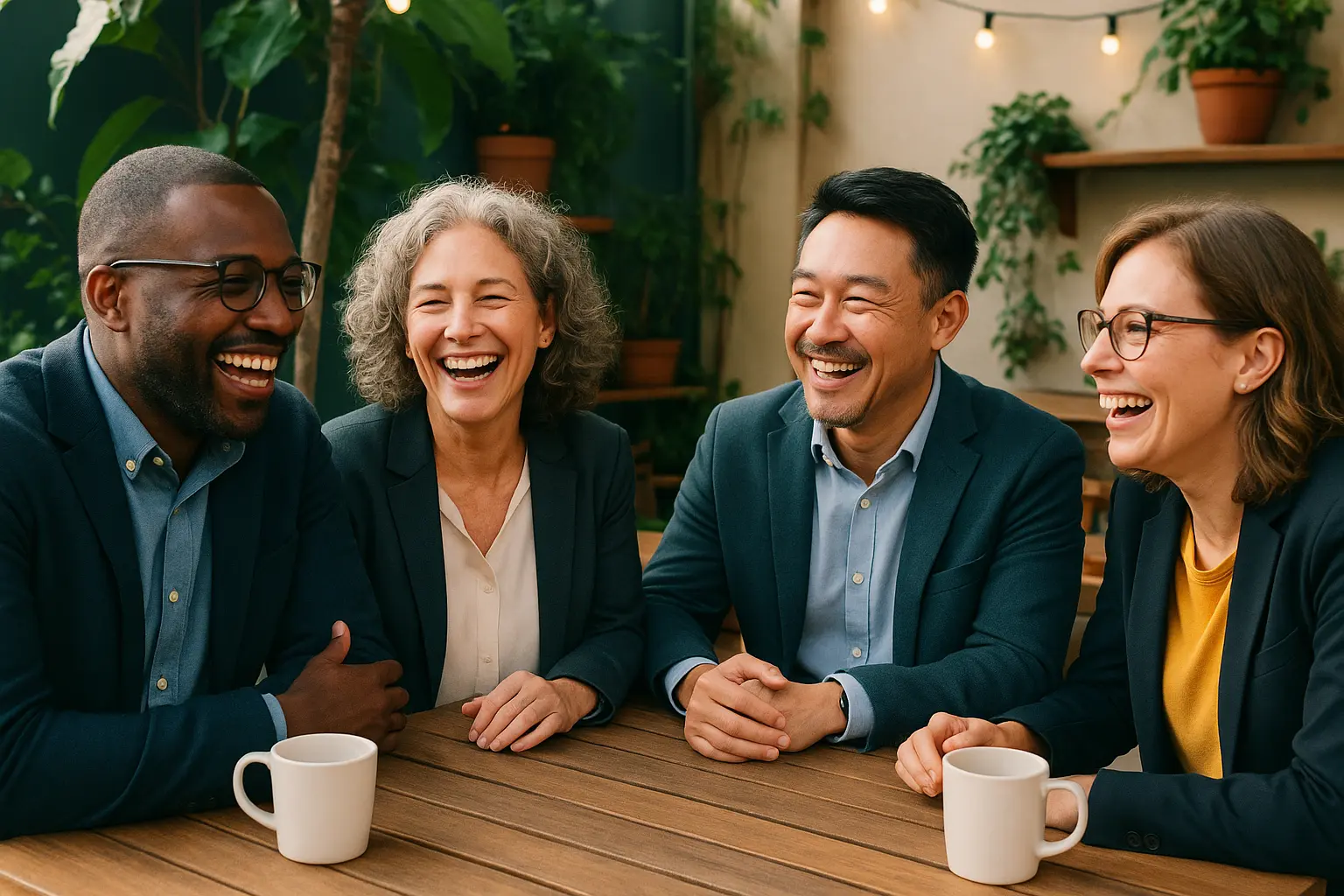 Group of smiling business colleagues sharing memories in an informal outdoor café, friendly and diverse, for Investiri long-term partnership.