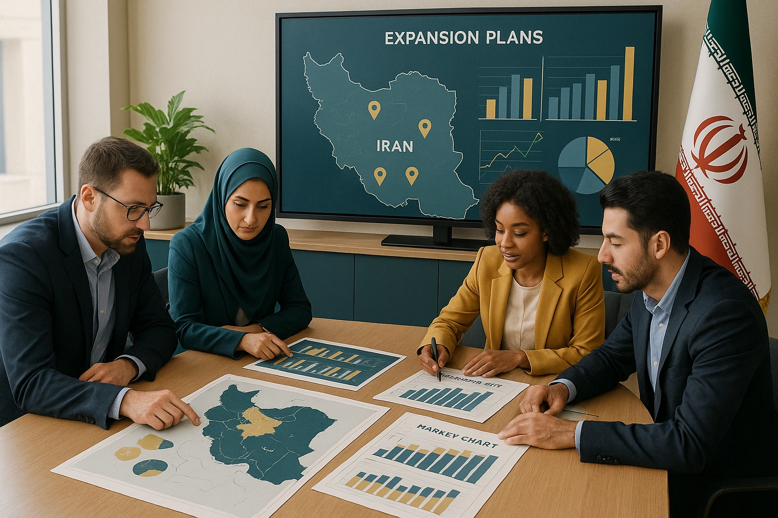 Multicultural team analyzing market maps and expansion plans for Iran at Investiri office meeting