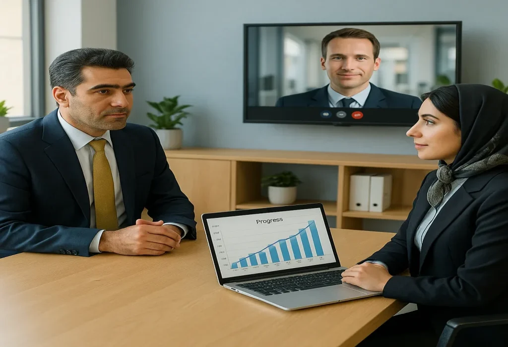 Iranian business professionals in a formal office meeting, engaging in a video conference with international representative, laptop displaying clear progress chart, modern workspace in InvestIRI brand colors.