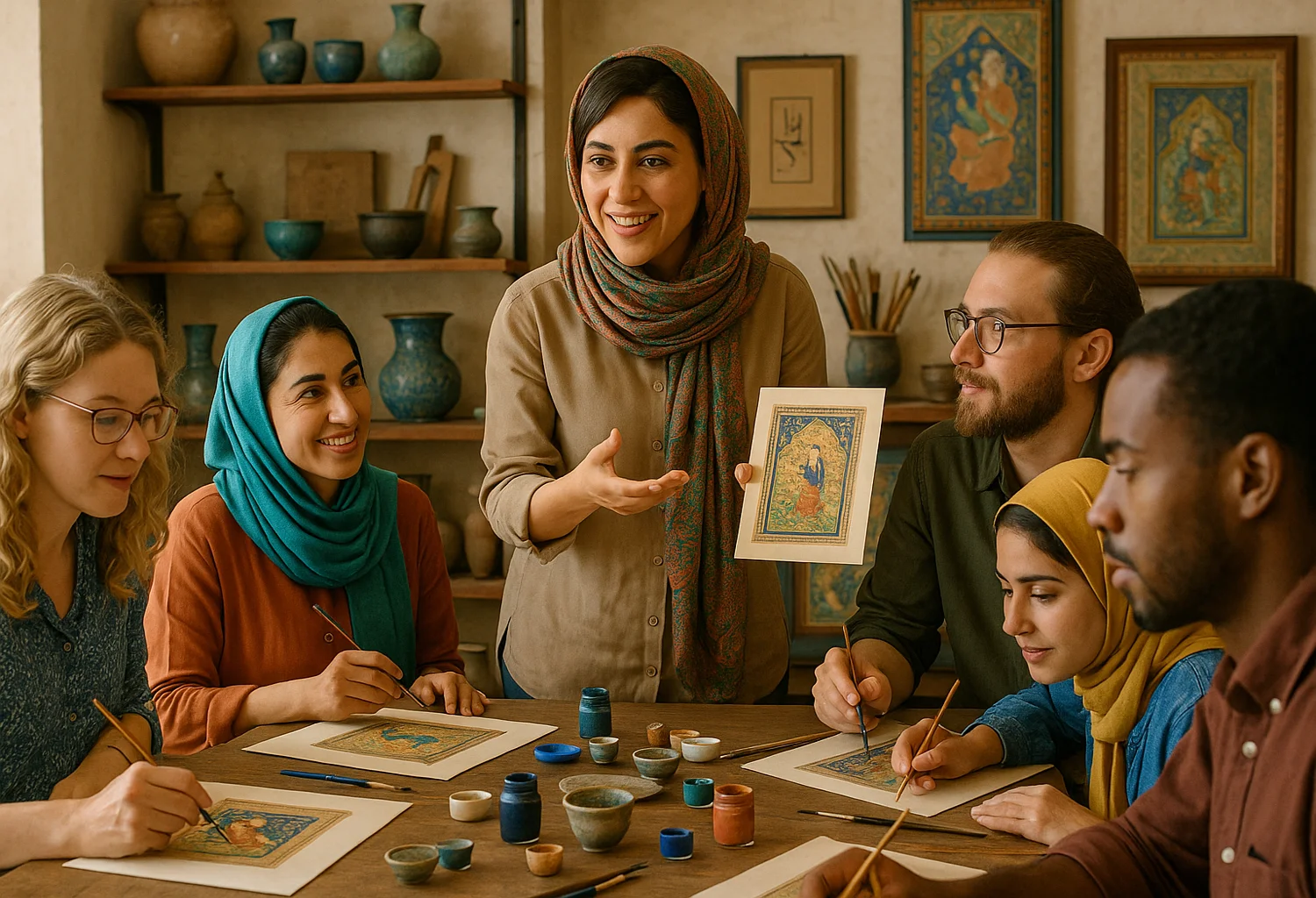 Iranian miniature painting workshop with participants learning from a skilled instructor.