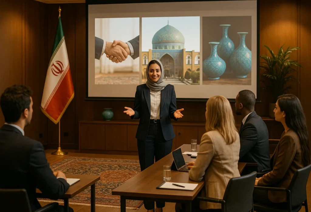 Cultural etiquette training session for international business teams featuring Iranian heritage visuals.