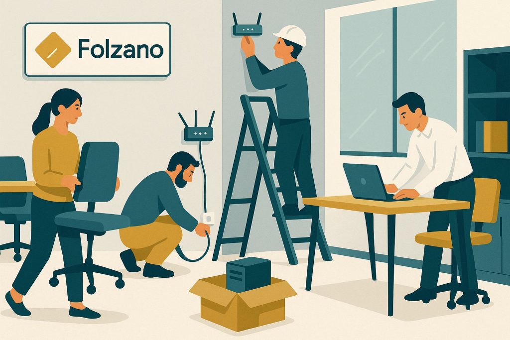 Stylized illustration of a team installing office furniture, internet, and IT equipment in a new office space for the fictional brand Folzano.