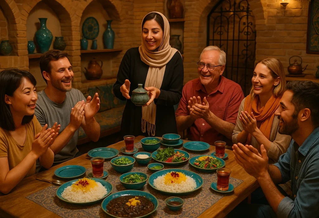 International travelers enjoying a traditional Iranian culinary tour.