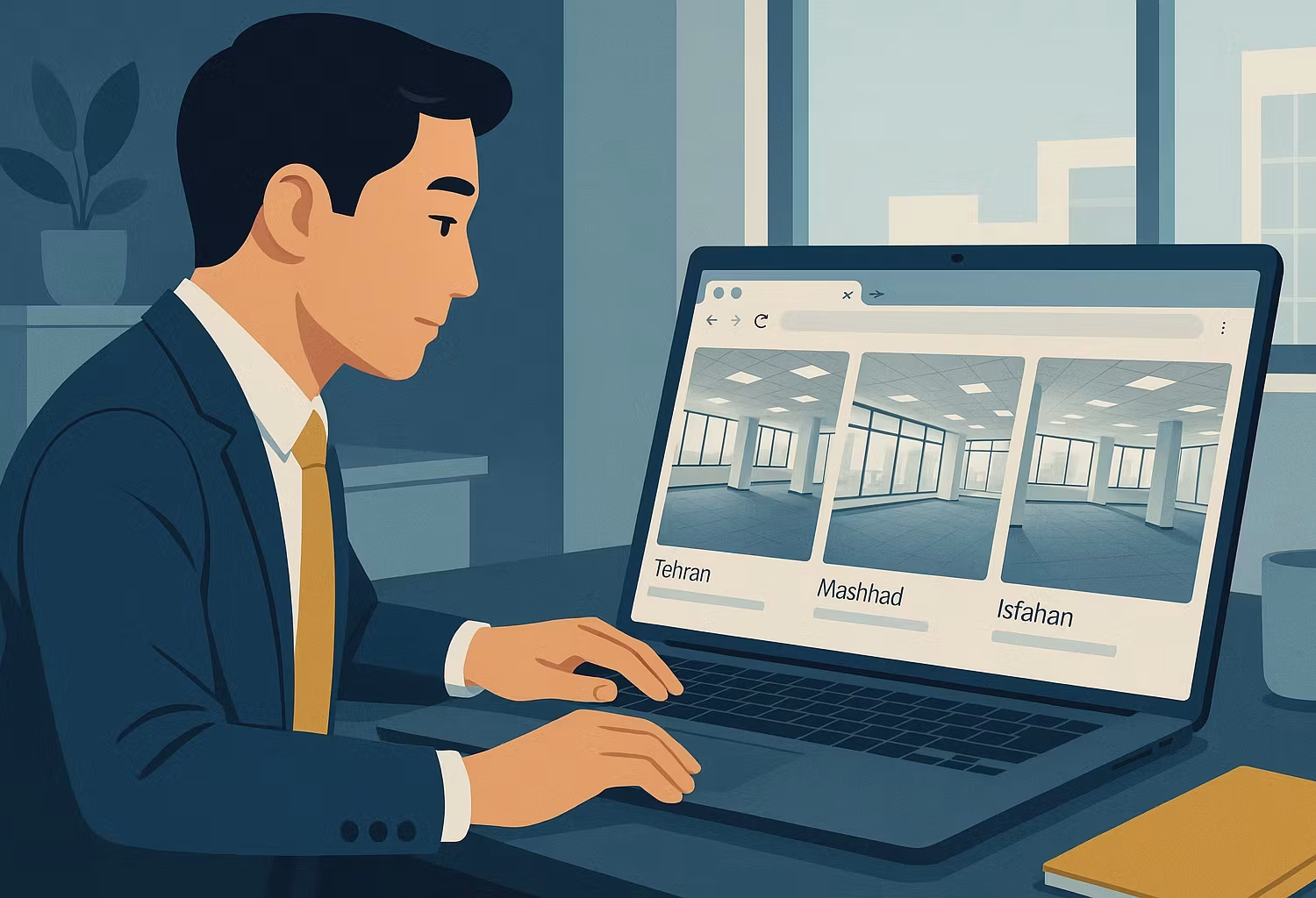 Asian businessman browsing multiple office space options on a laptop, including Tehran, Mashhad, and Isfahan listings, in Investiri branding colors.