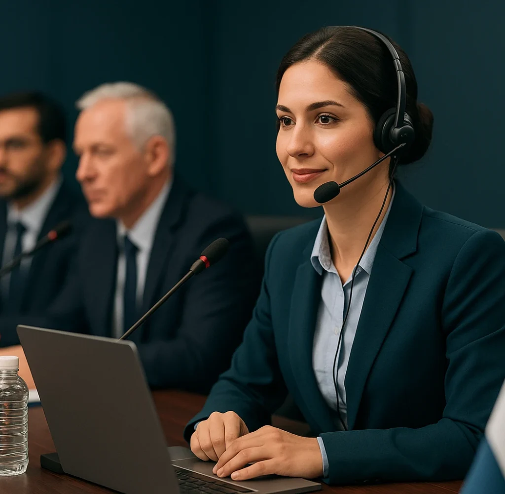 Professional interpreter facilitating dialogue at Iranian business meeting. Title: Professional Interpreter for Iranian Business Negotiatio